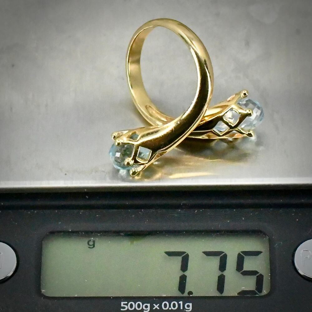 Vintage 14k Gold Blue Topaz Bypass Ring Heavy Retro Pear Cocktail Size 7 - Picture 14 of 14